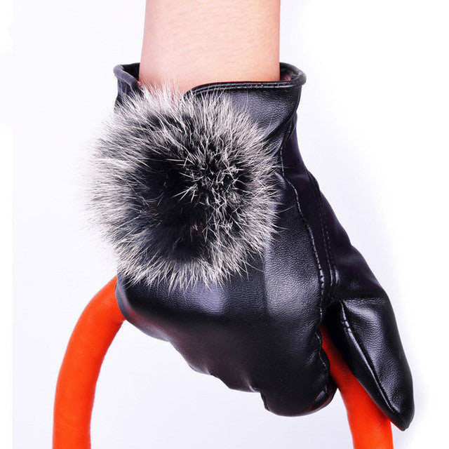 Trustworthy Warm   Gloves Women Lady Black Leather Gloves Rabbit Fur Mittens Guantes Luva  BL