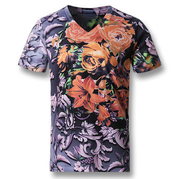 Men Short Sleeved T Shirts Men's Casual Slim Fit Large Size O Neck Floral T Shirts Camisa BL