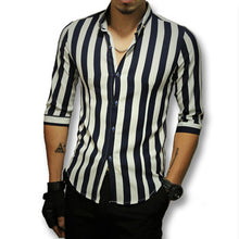 Tough Men Style Stripped Shirts Men's Casual Slim Fit Three Quarter Sleeve Length Shirts Camisa Masculina BL