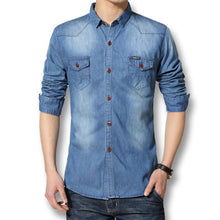 Men Cotton Shirts Men's Casual Slim Fit Long Sleeved Turn Down Collar Denim Jeans Shirts Camisa Masculina BL