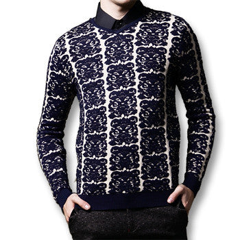 Men Sweaters and Pullovers Men's Casual Slim Fit Large Size Long Sleeved V Neck Floral Pullovers Sweaters BL