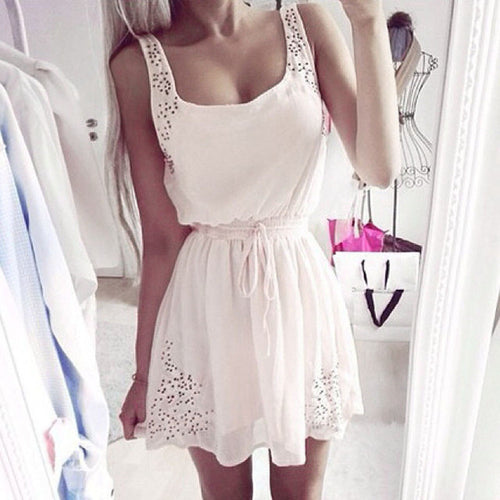 Sexy Womens Dresses Slim Sleeveless Hollow White Women  Dress Lady 2 Color Chiffon Mini Dresses Vestidos casual BL
