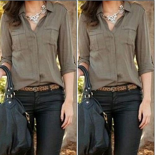 Women Chiffon Shirts Army Green Shirt Sexy  Lapel Loose Female Shirts Casual Shirt Womens Clothes BL