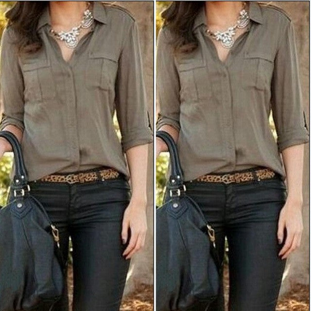 Women Chiffon Shirts Army Green Shirt Sexy  Lapel Loose Female Shirts Casual Shirt Womens Clothes BL