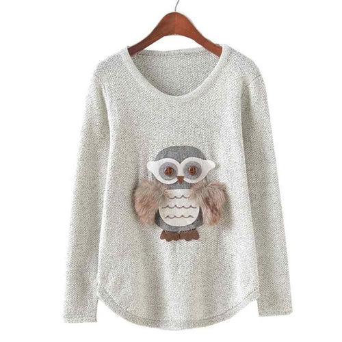 Women Sweaters Owl Pattern    Loose Grey O Neck Long Sleeve Knittwear Pullovers Clothing Pull femme #WY BL