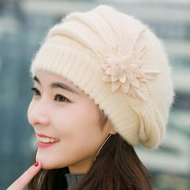 Warm Hat For Women Knitted Wool Floral Gorros Skullies & Beanies Elegant Hats Female Ladies Bonnet Enfant BL