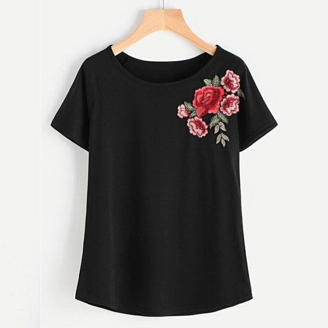 Black Short Sleeve T shirt Women  Tops Casual Embroidered Floral O-neck harajuku Vogue tshirt Women #421 BL