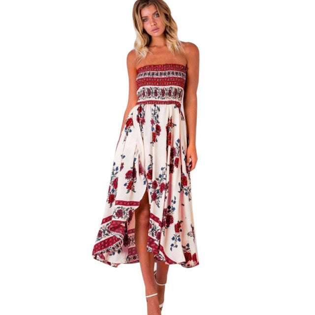 Bohemian Elegant Dress Women  Floral Print Strapless Beach Dresses European Style Sexy Vestidos mujer #63 BL