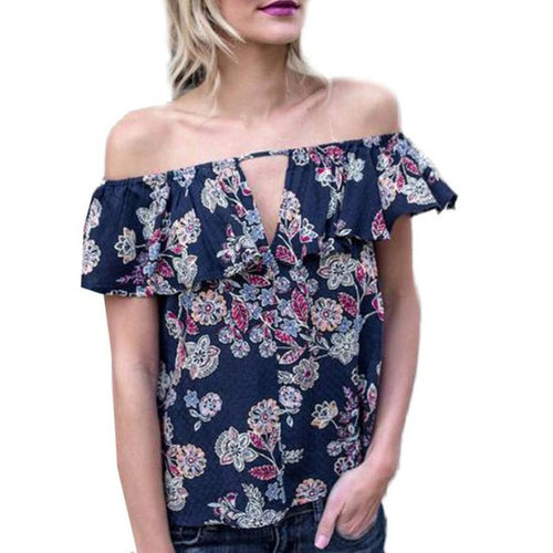 T-Shirt Women Off Shoulder Floral Printed Ruffled Neck  Casual Tops Tees Women T Shirt camisetas mujer #417 BL