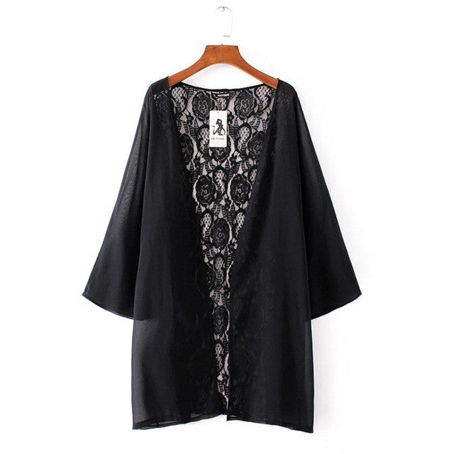 Womens  Lace Kimono Cardigan Shawl Chiffon Solid Womens Blouses Ladies Tops 3/4 Sleeve Cover Ups Black #43 BL