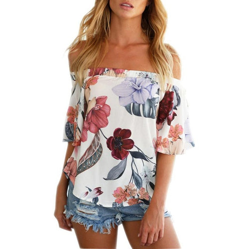Off Shoulder T-shirt Women Short Sleeve Women Floral Printed Casual Slash Tops T Shirt Women Poleras de Mujer #416 BL