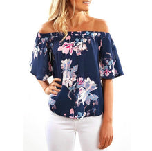 Off Shoulder T-shirt Women Short Sleeve Women Floral Printed Casual Slash Tops T Shirt Women Poleras de Mujer #416 BL