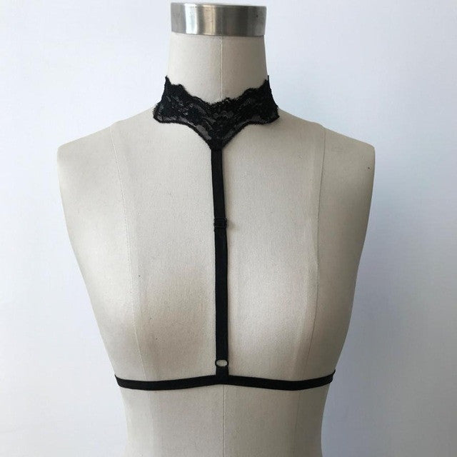 Sexy Womens Goth sexy Strapy Bra Garter Belt Erotic Chest Lace Body Bridal Bandage Lingerie Crop Top Black White #23 BL