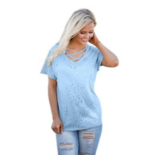 Latest  Women T-Shirts Solid White Blue T shirt  Desgin Hole Tops Lady Short Sleeve Tees Tops #425 BL