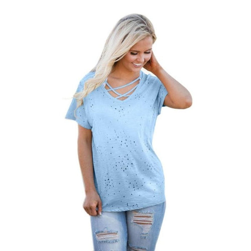 Latest  Women T-Shirts Solid White Blue T shirt  Desgin Hole Tops Lady Short Sleeve Tees Tops #425 BL