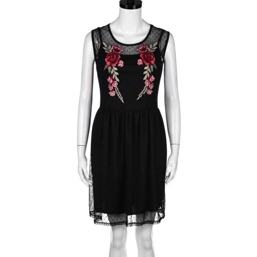 Appliques Embroidery Floral Dress Women Sexy A-line Lace Splice Sleeveless O Neck Mini Dress vestidos mujer #43 BL