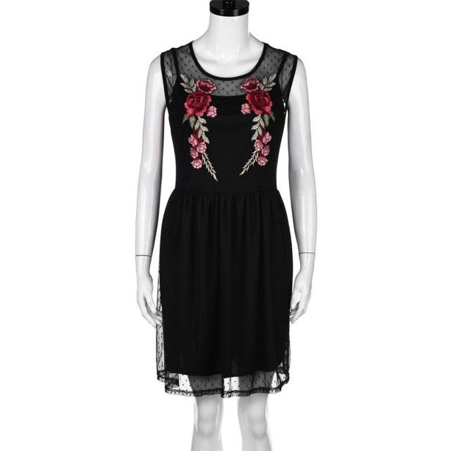 Appliques Embroidery Floral Dress Women Sexy A-line Lace Splice Sleeveless O Neck Mini Dress vestidos mujer #43 BL
