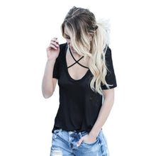 Hollow Tshirt Women Short Sleeve Cross Collar V Neck Cotton Casual T-Shirt Women Tops Shirt Tee Black White #23 BL