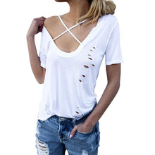 Hollow Tshirt Women Short Sleeve Cross Collar V Neck Cotton Casual T-Shirt Women Tops Shirt Tee Black White #23 BL