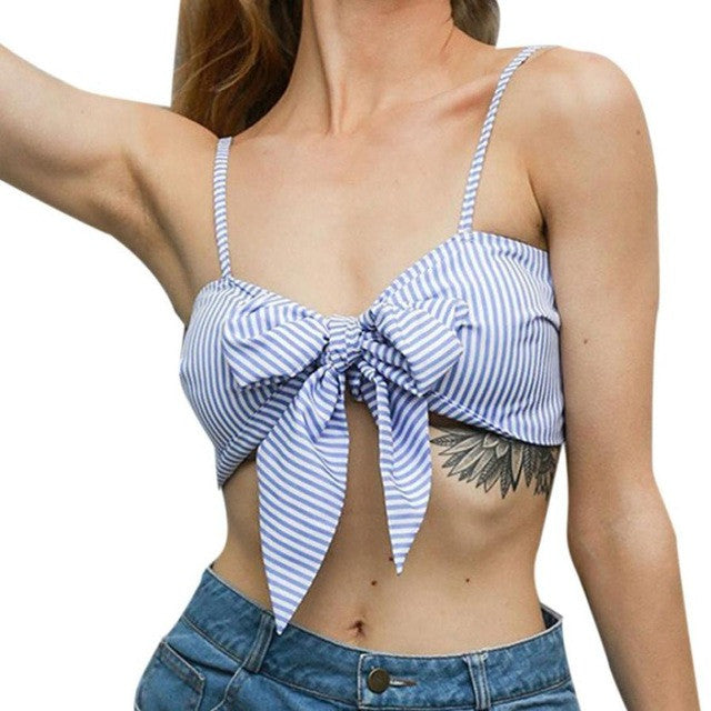 Women Blue Nevy Striped Camis Female Sleeveless Tops Blackless Bowknot Beach Short Tank Tops Women #23 BL