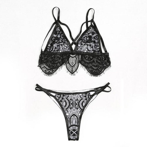 Women Floral Lace Bralette Bustier Crop Top + G-String Lace Sheer Triangle Unpadded Crop Top Women #424 BL