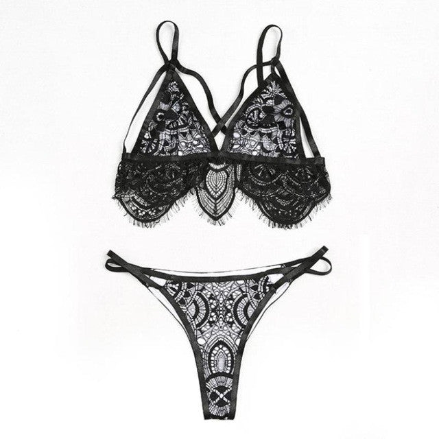 Women Floral Lace Bralette Bustier Crop Top + G-String Lace Sheer Triangle Unpadded Crop Top Women #424 BL