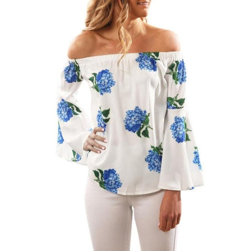 T Shirt Women Off Shoulder Floral Print Tee Tops Ladies   Long Sleeve T-Shirts Sexy Tee Shirt Femme #425 BL