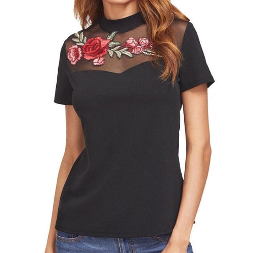 T-Shirt Women PEmbroidered Rose Applique Floral Tee Tops Short Sleeve Brief O-neck  Women T shirt Black #23 BL