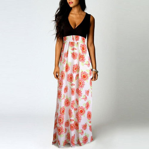 Sexy Floral Print  Elegant V Neck Long Sleeveless A-Line dress Women  Beach Maxi Dress Vestidos Mujer #63 BL