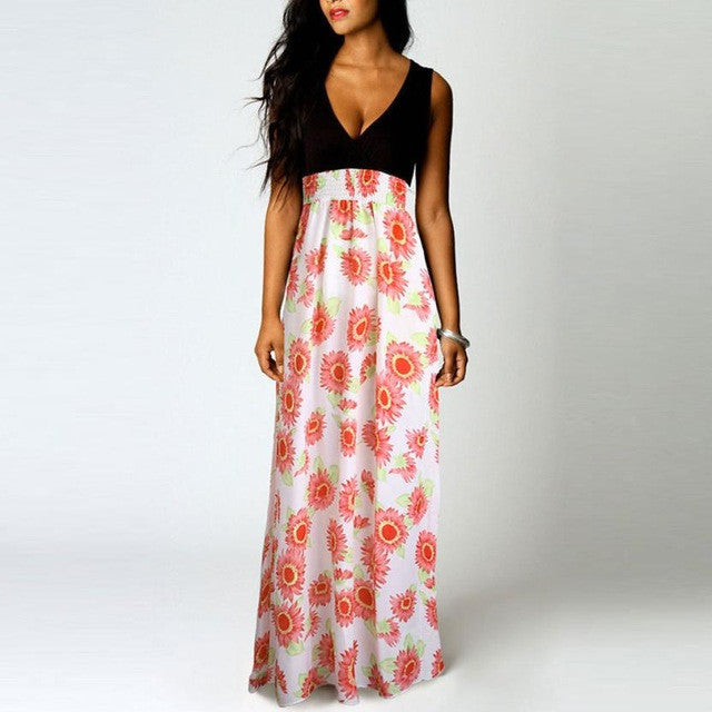 Sexy Floral Print  Elegant V Neck Long Sleeveless A-Line dress Women  Beach Maxi Dress Vestidos Mujer #63 BL