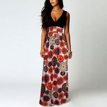 Sexy Floral Print  Elegant V Neck Long Sleeveless A-Line dress Women  Beach Maxi Dress Vestidos Mujer #63 BL