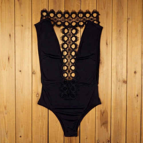 Sexy Women Halter Bodysuit Elegant Lace Splice Bodysuit Blackless Sleeveless Women Slim bodysuit combinaison femme Black&03 BL