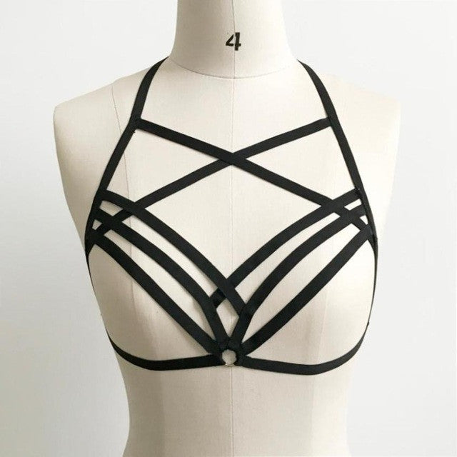 Sexy Women Hollow Out Elastic Cage Goth Bra Bandage Strappy Halter Bandage Crop Bustier Tops   #23 BL