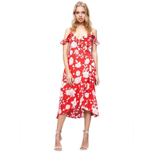 Sexy Women V Neck Strapy Cold Shoulder Ruffled Mid Dress Off Shoulder Floral Print Vintage Dress Women vestidos mujer #418 BL