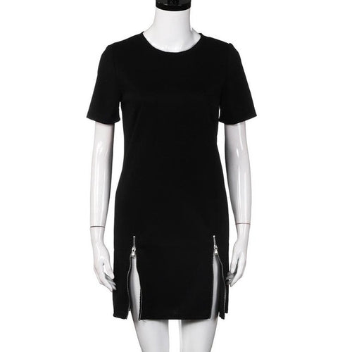 Dresses Women Black Solid Side Splite Zipper Ladies Dress Casual Mini Dresses Robe Femme Vestidos #63 BL