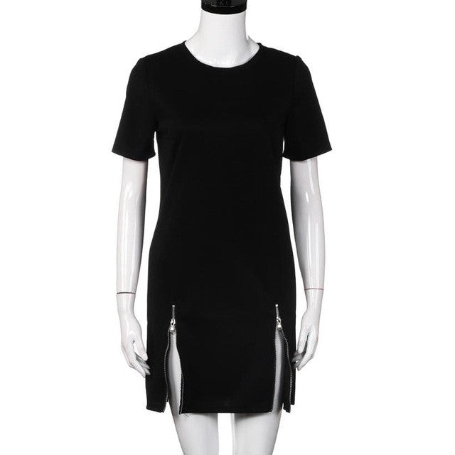 Dresses Women Black Solid Side Splite Zipper Ladies Dress Casual Mini Dresses Robe Femme Vestidos #63 BL
