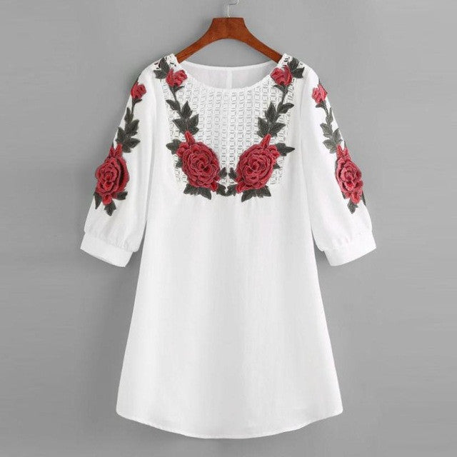 Dress Women Lady White Embroidery Floral Lace Mini Shirts Dress vestido de verano #23 BL