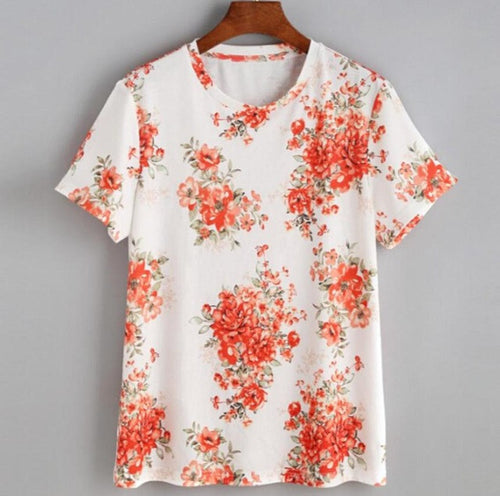 Women Flower Print O Neck Cotton Short Sleeve T-Shirt Women Loose Vintage Tops Ladies Poleras De Mujer #417 BL