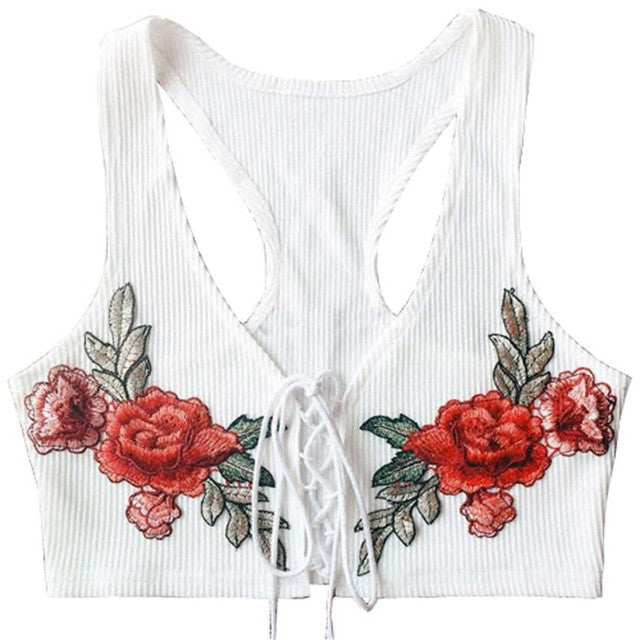 Sexy Cotton Top tees Women Embroidered Floral Sleeveless Crop Top white Short Tank tops female camisole Female#23 BL