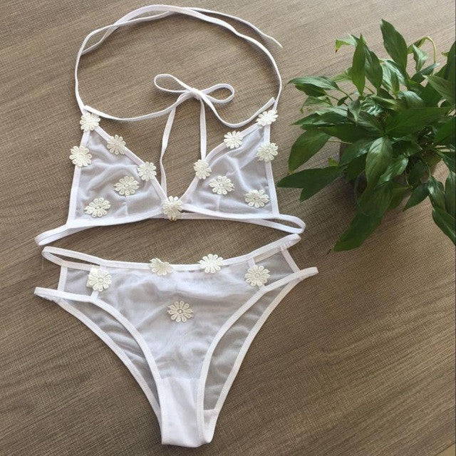 Sexy Mesh Crop Tops For Women Female Strappy Bras Underwear Lingerie Strappy Bralette Lace Bras For Women White #63 BL
