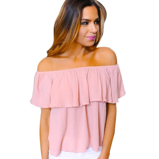 Sexy Slash Neck Ruffles Blouses Women Tops Off shoulder Beach  Pink Sleeveless Shirts Women Clothing #23 BL