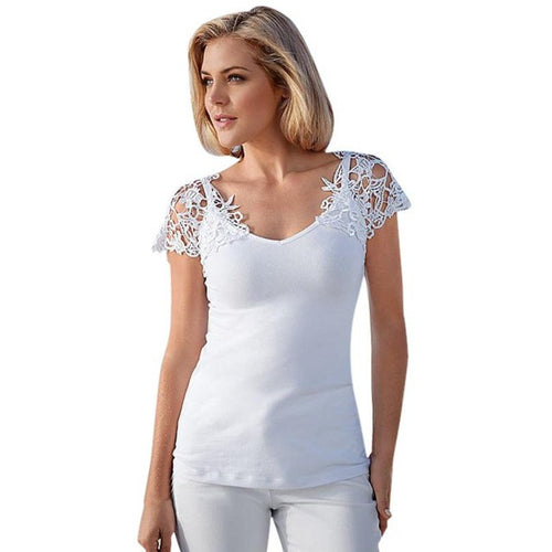 Style Women V-Neck Short Sleeve White Lace Splice Sexy Hollow Out Tops Ladies T-Shirt Female camisetas mujer #23 BL