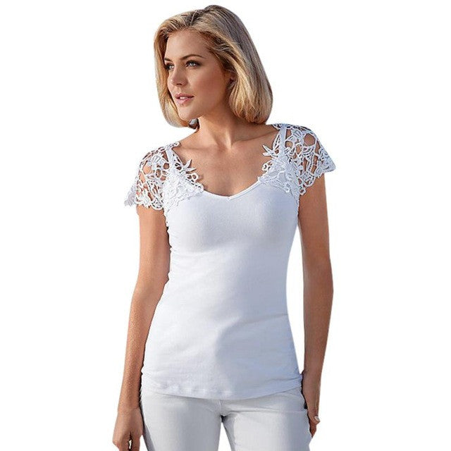Style Women V-Neck Short Sleeve White Lace Splice Sexy Hollow Out Tops Ladies T-Shirt Female camisetas mujer #23 BL