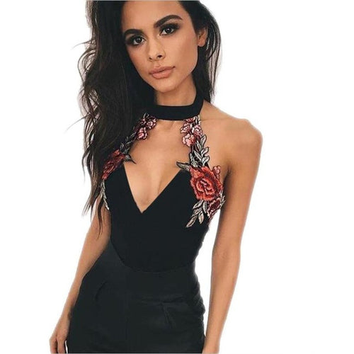 Women Clubwear Embroidered Halter Neck Bodycon Bodysuit Women Backless Jumpsuit Combishort Femme Ete #23 BL