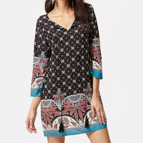 Women Dress Vintage Pirnt Boho Dresses V Neck Three Quarter Sleeve Loose Casual Short Mini Dress Robe Femme #63 BL