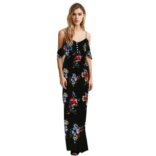 Women Floral Print Dress Sleeveless Cold Shoulder Strapless Long Dress Chiffon V Neck Boho Style Ladies Dresses #03 BL