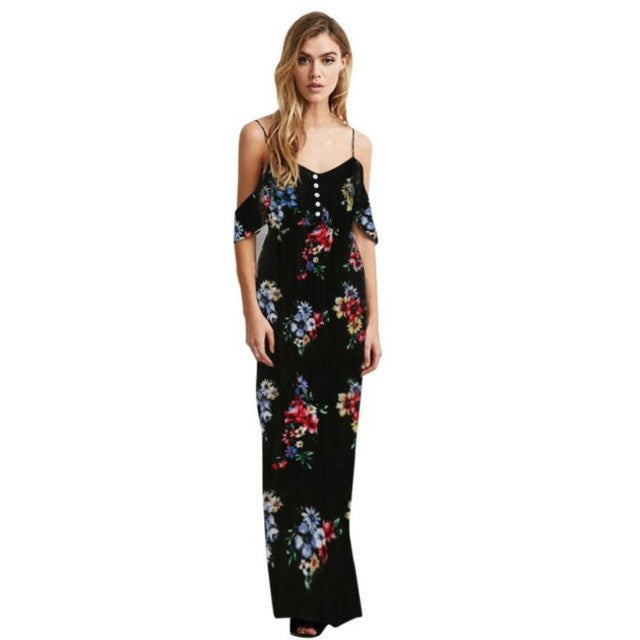 Women Floral Print Dress Sleeveless Cold Shoulder Strapless Long Dress Chiffon V Neck Boho Style Ladies Dresses #03 BL