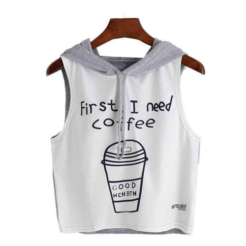 T Shirt Women  Sexy Coffee First Letter Print Hooded Sleeveless T-Shirt Women  Tops camiseta mujer #23 BL