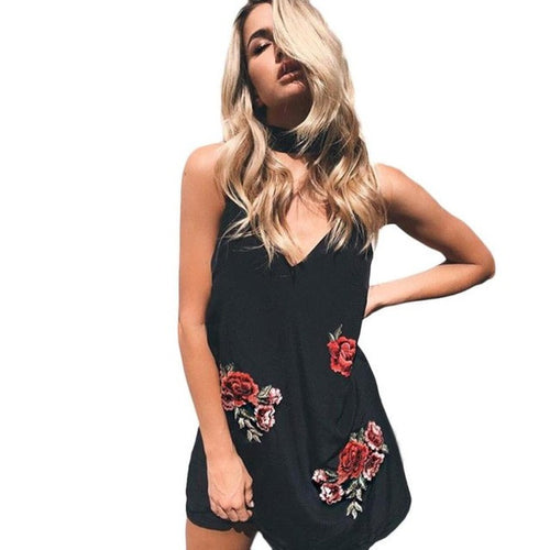 Trendy Vintage  Dress Women Sexy Floral Embroidery Strap V neck Backless Mini Sleeveless Short Ladies Dress #418 BL