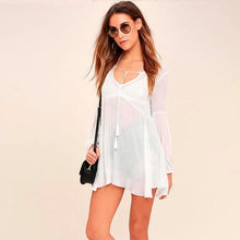 Women Beach Boho Chiffon Perspective Cover Up Bathing Suit Smock Tops Women Long Style Black White Camisetas Mujer #23 BL